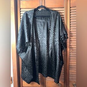 Black leopard print kimono with fringe sleeves